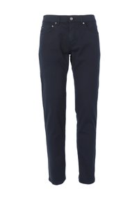 Pantaloni blu scuro realizzati in tessuto misto cotone, con un classico design a gamba dritta, tasche frontali e chiusura con un singolo bottone.