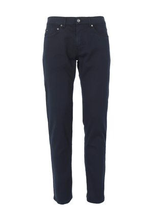 Donkerblauwe broek van een katoenmix, met een klassiek recht model, voorzakken en een enkel knoopsluiting.