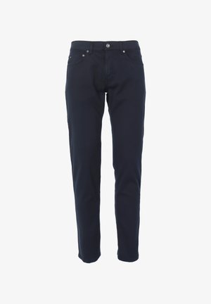 Pantaloni blu scuro realizzati in tessuto misto cotone, con un classico design a gamba dritta, tasche frontali e chiusura con un singolo bottone.