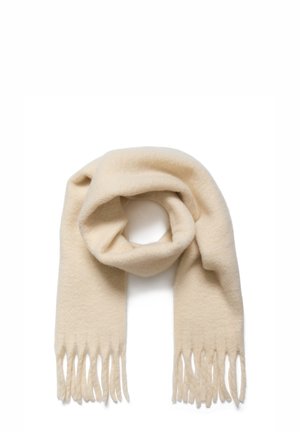 Krämfärgad ullscarf, mjuk textur, fransiga kanter, rektangulär form, prydligt vikt, med ett slätt och mysigt utseende.