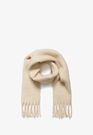 Krämfärgad ullscarf, mjuk textur, fransiga kanter, rektangulär form, prydligt vikt, med ett slätt och mysigt utseende.