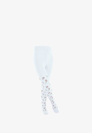 Weiße Strumpfhosen mit einem floralen Muster in Pink- und Grüntönen. Glatte Textur, elastischer Bund, figurbetonter Schnitt.