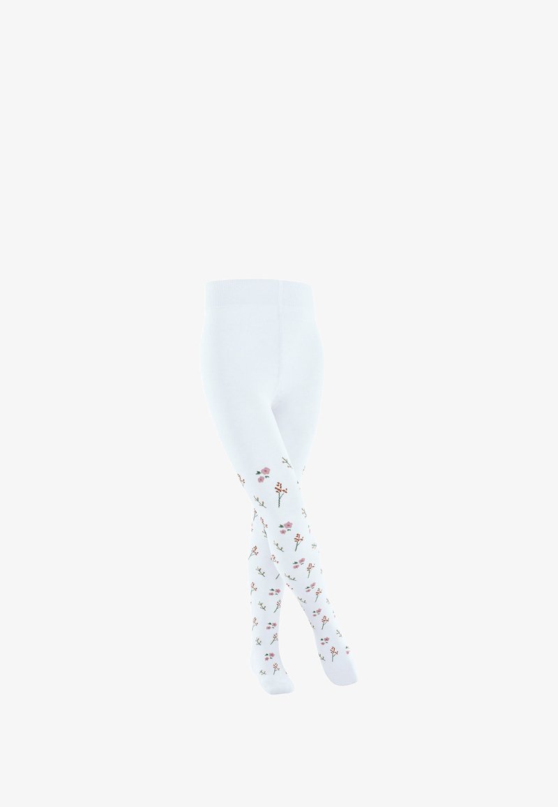 Calze bianche con un motivo floreale in dettagli rosa e verde. Texture liscia, vita elastica, design aderente.