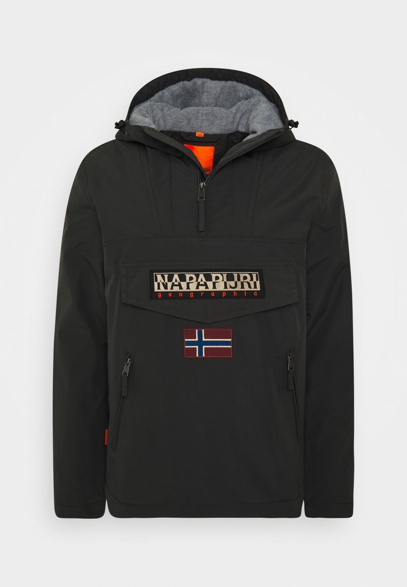 Black pullover jacket with a hood, featuring a grey inner lining, a large top pocket, and a Norwegian flag patch. Logo in beige and orange.