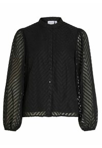 Blouse noire avec col, présentant un motif en zigzag texturé, manches longues en voile transparent avec poignets froncés, et fermeture boutonnée à l'avant.