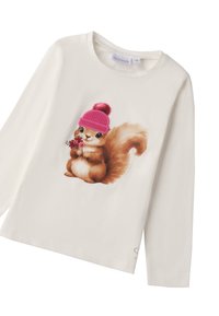 Langarm-Cremet-Shirt mit einer Illustration eines Eichhörnchens in einem rosa Hut, das Blumen hält, mit einer weichen Textur und rundem Ausschnitt.