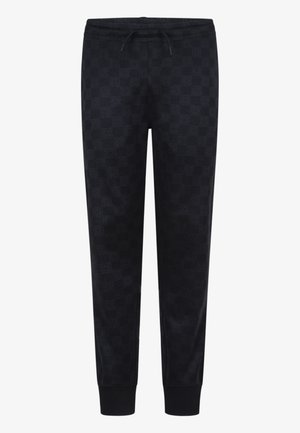 Pantalons de jogging noirs avec un motif à carreaux texturé, taille élastique avec cordon de serrage et poignets côtelés. Fabriqués en tissu doux.