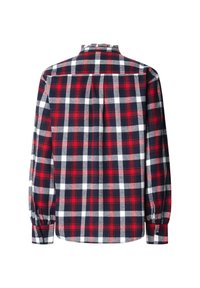 Κόκκινο, ναυτικό μπλε και λευκό καρό πουκάμισο μακρύ μανίκι με πλάτη γιλέκο, κουμπωτούς μανσέτες και ελαφρώς συγκεντρωμένα μανίκια. Κατασκευή από βαμβάκι, χαλαρή εφαρμογή.