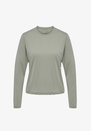 Langarmshirt van zacht, lichtgroen materiaal met een ronde hals. Het heeft een gladde textuur en minimale naden voor een gestroomlijnde uitstraling.