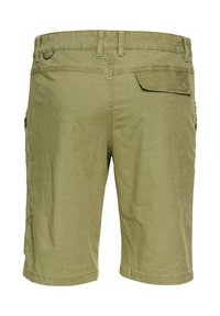 Grüne Baumwollshorts mit geradem Schnitt, ausgestattet mit einer Gesäßtasche und Nähten. Der Stoff hat eine glatte, matte Textur.