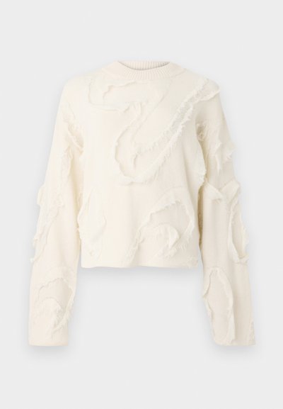 White cropped sweater with textured frayed designs, long sleeves, and a ribbed crew neck. Soft fabric with a unique, layered appearance.