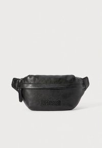 Marsupio in ecopelle nera con forma arrotondata, dotato di chiusura con zip e logo in rilievo. Superficie testurizzata con una leggera lucentezza.