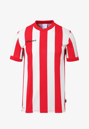 Rood-wit gestreept voetbalshirt met V-hals, korte mouwen en "uhlsport"-logo aan de voorkant. Gemaakt van een lichtgewicht synthetisch materiaal.