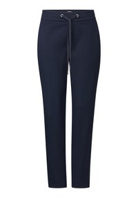 Pantaloni jogging navy realizzati in tessuto morbido. Presentano una vita con cordino, gambe affusolate e tasche laterali. Tessuto liscio con un design minimale.