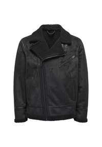 Schwarze Schafslederjacke mit einem dicken, strukturierten Kragen. Verfügt über einen diagonalen Frontreißverschluss, seitliche Taschen und eine zusätzliche Reißverschlusstasche auf der Brust.