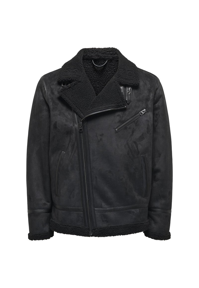 Schwarze Schafslederjacke mit einem dicken, strukturierten Kragen. Verfügt über einen diagonalen Frontreißverschluss, seitliche Taschen und eine zusätzliche Reißverschlusstasche auf der Brust.