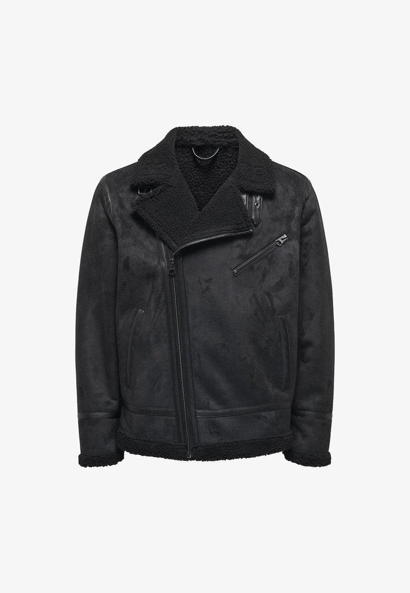 Schwarze Schafslederjacke mit einem dicken, strukturierten Kragen. Verfügt über einen diagonalen Frontreißverschluss, seitliche Taschen und eine zusätzliche Reißverschlusstasche auf der Brust.