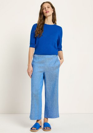 Woman standing with hand in pocket wearing a blue short-sleeve top, light blue wide-leg pants, and blue slide sandals on a plain background.