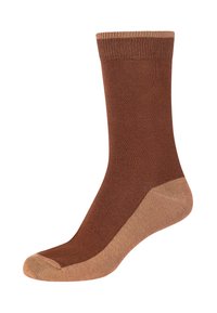 Meia castanha com um corpo texturizado e biqueira e calcanhar de cor mais clara. Apresenta um topo canelado e um acabamento suave por todo o lado.