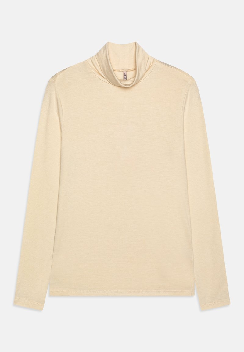 Camisola de gola alta de manga longa em bege, feita de um tecido suave, com um design ajustado, colarinho dobrado e textura lisa com costuras mínimas.