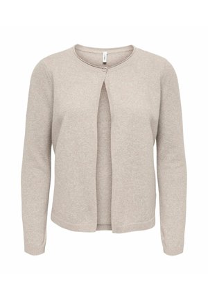 Cárdigan beige claro hecho de material suave, con mangas largas, escote redondo y abertura frontal con un solo botón.