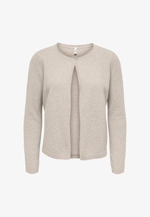 Lichtbeige vest van zacht materiaal, met lange mouwen, een ronde halslijn en een vooropening met een enkele knoopsluiting.