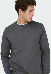Jeune homme aux cheveux bouclés portant un sweat-shirt gris foncé à col rond, regardant vers sa droite sur un fond clair uni.