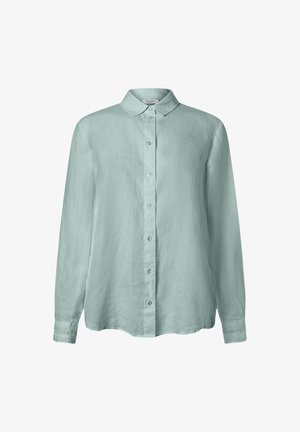 Hellgrünes Leinenhemd mit langen Ärmeln, Knopfkragen, Frontknöpfen und detaillierten Manschetten. Glatte Textur und lockere Passform.