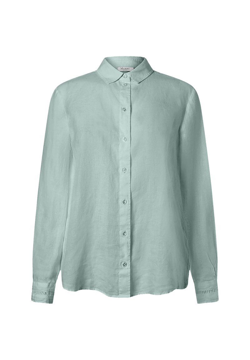 Camicia a maniche lunghe in lino verde chiaro con colletto abbottonato, bottoni frontali e polsini dettagliati. Texture liscia e vestibilità comoda.