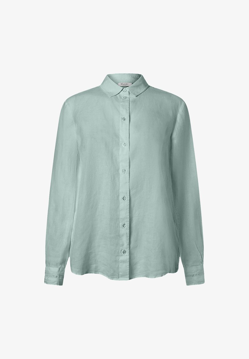 Light green linen long-sleeve shirt with a button-down collar, front buttons, and detailed cuffs. Smooth texture and relaxed fit.