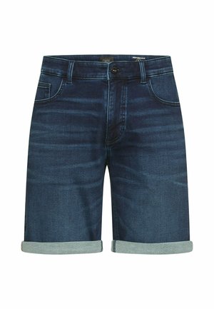 Dunkelblaue Jeansshorts mit umgeschlagenen Säumen, Knopf- und Reißverschluss vorne, Gürtelschlaufen und Vordertaschen, auf weißem Hintergrund dargestellt.