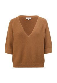 Brun stickad tröja med djup V-ringning och korta, vida ärmar. Har en ribbad nederdel och strukturerad tyg, vilket ger en avslappnad passform.