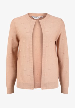 Light pink cardigan made of soft knit fabric, featuring a textured bobble pattern, round neck, open front, and ribbed cuffs and hem.