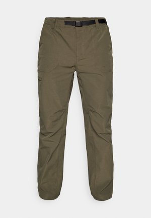 Olive green cargo pants with a straight leg design, featuring belt loops, dual front pockets, and reinforced stitching. Smooth fabric texture.