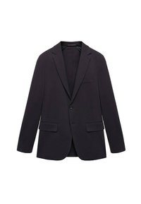 Blazer navy realizzato in tessuto liscio, con chiusura a due bottoni, revers a punta e due tasche frontali per una vestibilità su misura.