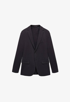 Marynarka w kolorze granatowym, wykonana z gładkiego materiału, z przodem na dwa guziki, wyciętymi klapami oraz dwiema przednimi kieszeniami, zapewniająca dopasowany krój.