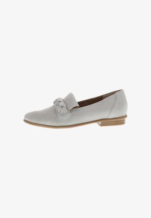 Grey suede loafer with a braided accent and a small flat heel. Features a smooth texture and a pointed toe design.