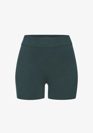 Donkerblauwe gebreide shorts met een elastische tailleband, voorzien van een aansluitend ontwerp en een gladde textuur, zonder zichtbare naden of versieringen.