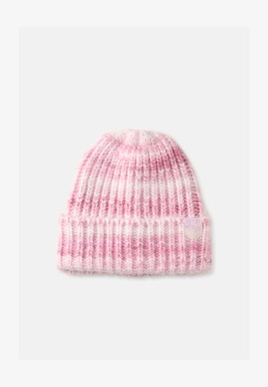 Gorro de punto en tonos rosas, con textura acanalada y dobladillo enrollado. Incluye una pequeña etiqueta con el logotipo en el lateral para la marca.