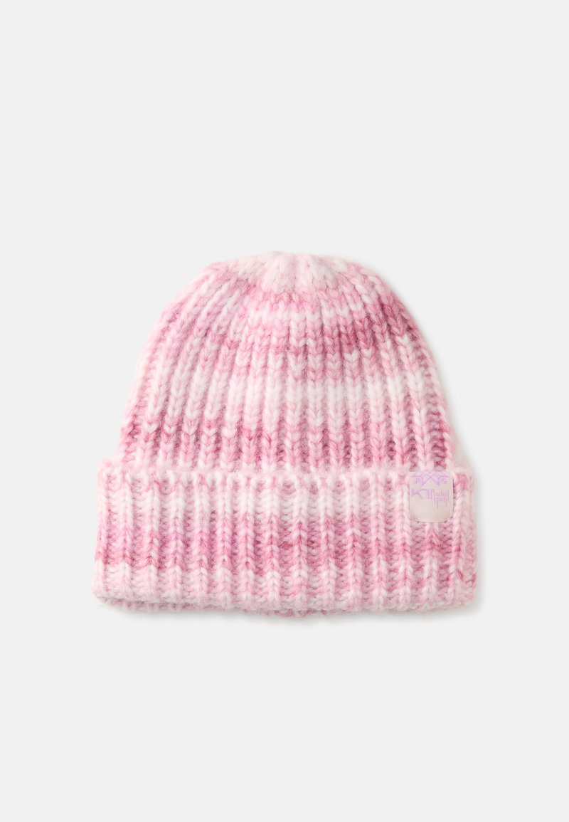 Gebreide beanie in roze tinten, met een geribbelde textuur en opgerolde rand. Inclusief een klein logo-label aan de zijkant voor branding.