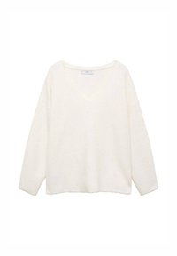 Weißer, gestrickter Pullover mit V-Ausschnitt, weiten Ärmeln und lässiger Passform. Weiche Textur und minimalistisches Design ohne sichtbare Muster oder Verzierungen.
