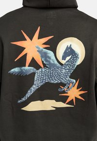 Felpa nera con cappuccio caratterizzata da un design grafico di un cavallo alato in movimento, circondato da stelle arancioni e una forma circolare beige.
