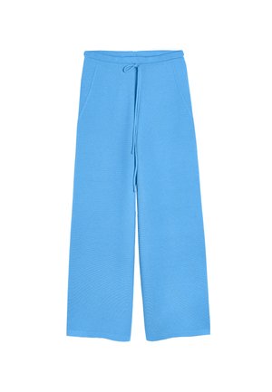 Spodnie w stylu kulot w jasnoniebieskim kolorze, wykonane z miękkiego, teksturowanego materiału. Posiadają elastyczny pas ze sznurkiem i dwie boczne kieszenie.