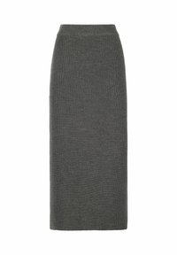 Grå ribbad stickad pennkjol med hög linning, som har en rak silhuett och mjuk textur, lämplig för både avslappnad och formell användning.