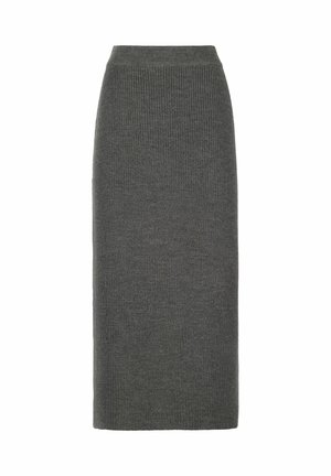 Grauer gerippter Strick-Bleistiftrock mit hohem Taillenbund, gerade Silhouette und weicher Textur, geeignet für legere und formelle Anlässe.