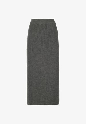 Gonna a matita grigia a coste con vita alta, caratterizzata da una silhouette dritta e una texture morbida, adatta per abbigliamento casual e formale.