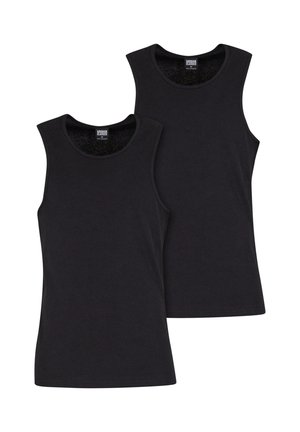 Schwarze ärmellose Tanktops aus einem Baumwollmischgewebe. Rundhalsausschnitt, normale Passform, mit einer glatten Textur ohne sichtbare Muster.