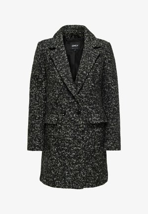 Dubbelzijdige zwarte en grijze tweedjas met revers, twee voorzakken en zwarte knopen. Van gemiddelde lengte met een gestructureerde stof.