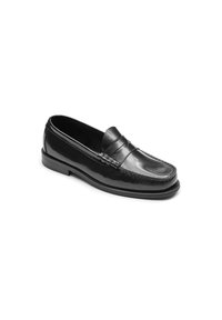 Mocasines de cuero negro con un acabado brillante, que cuentan con una punta de mocasín cosida y dos correas de cuero en el empeine. Suela plana.