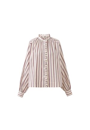Blouse rayée à manches longues, avec encolure volantée et fermeture à boutons. Fabriquée en tissu léger, elle présente des rayures alternées fines et épaisses en crème et rouge foncé.